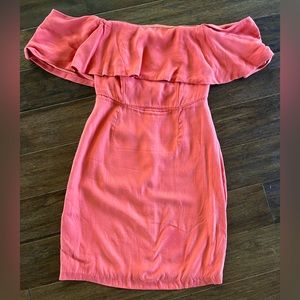 Strapless, float off the shoulder orange/coral dress